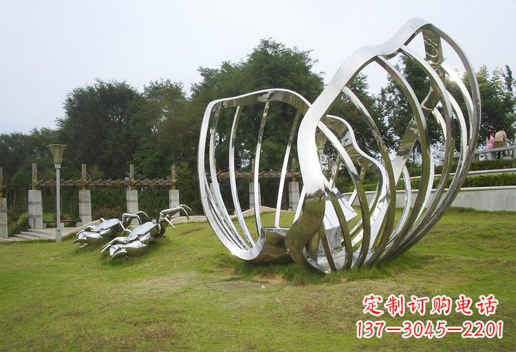 不銹鋼公園螃蟹和貝殼雕塑