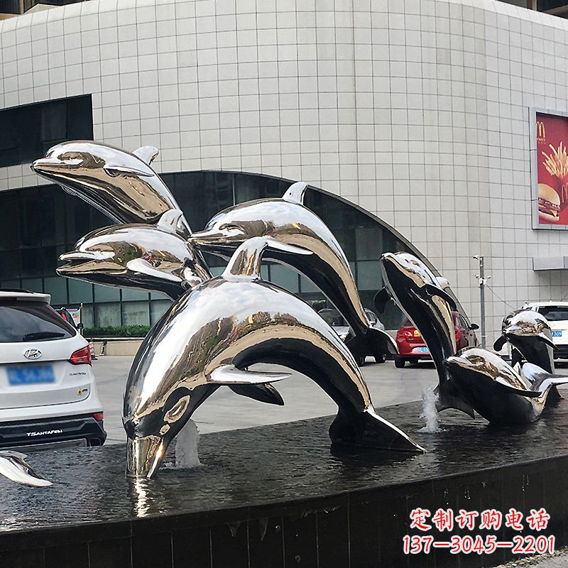 城市商場(chǎng)不銹鋼鏡面海豚水景景觀雕塑擺件