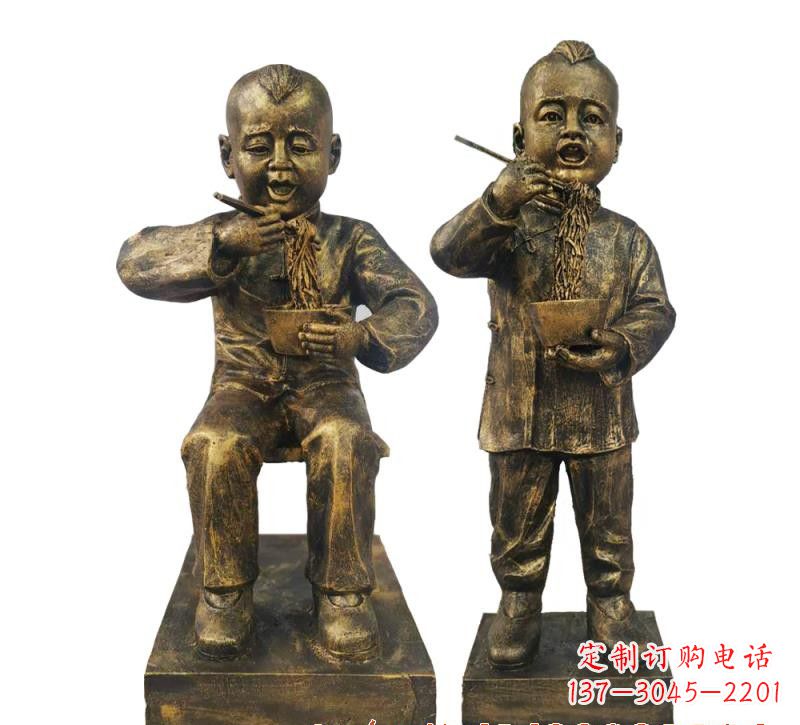 吃面人物銅雕