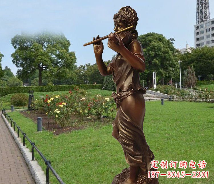 吹笛子的美女城市花園景觀玻璃鋼仿銅雕塑