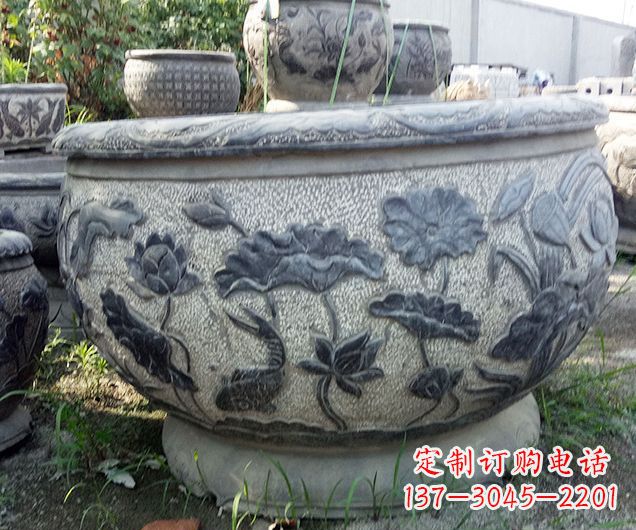 仿古荷花石浮雕水缸 (2)