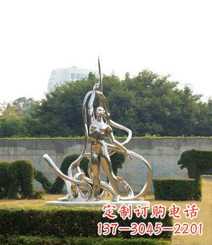 公園不銹鋼跳絲帶舞的女孩雕塑