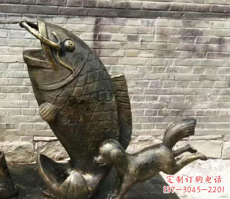 公園鯉魚(yú)和小狗銅雕