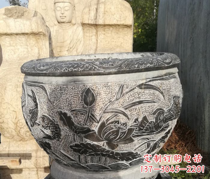 公園鴛鴦荷花浮雕石水缸