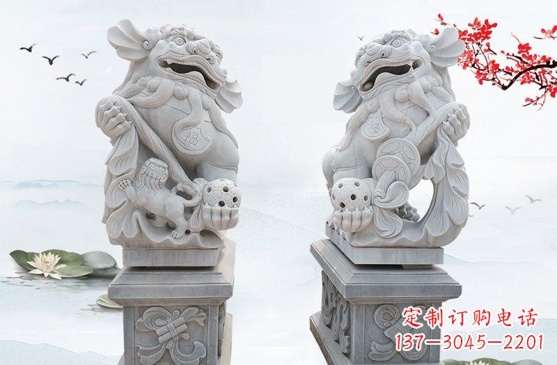 漢白玉獻(xiàn)錢獅石雕