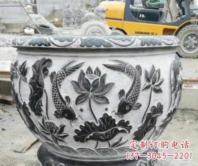 鯉魚(yú)荷花石浮雕水缸 